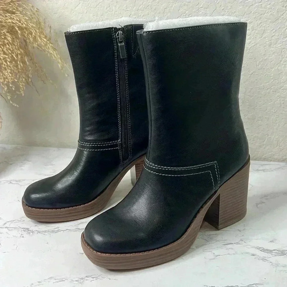 SUN STONE Black Cushioned Goring Denverr Square Toe Block Heel Zip-Up Booties 6M - Picture 1 of 16